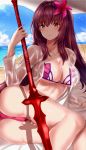  1girl ass beach bikini blue_sky breasts cleavage day expressionless farys_(afopahqfw) fate/grand_order fate_(series) flower gae_bolg hair_flower hair_ornament hibiscus highres large_breasts looking_at_viewer navel ocean open_clothes pink_bikini purple_bikini purple_hair red_eyes scathach_(fate/grand_order) scathach_(swimsuit_assassin)_(fate) shirt sky swimsuit umbrella wet wet_clothes wet_shirt 