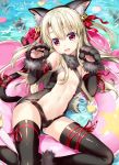  1girl animal_ears black_gloves black_legwear black_leotard blush breasts cat_ears cat_tail elbow_gloves eyebrows_visible_through_hair fake_animal_ears fate/grand_order fate/kaleid_liner_prisma_illya fate_(series) fujima_takuya fur_trim gloves hair_between_eyes illyasviel_von_einzbern innertube leotard long_hair looking_at_viewer lying navel on_back open_mouth paw_gloves paws red_eyes shiny shiny_hair shiny_skin small_breasts solo tail thigh-highs water white_hair 