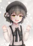  1girl :d bangs beret black_bow black_hat black_ribbon black_skirt blush bow brown_eyes brown_hair claw_pose collared_shirt endsmall_min eyebrows_visible_through_hair fangs fingernails flower hair_between_eyes hair_flower hair_ornament hair_ribbon hair_rings hands_up hat hatoba_tsugu hatoba_tsugu_(character) highres long_sleeves looking_at_viewer open_mouth ribbon rose shirt skirt smile solo suspender_skirt suspenders v-shaped_eyebrows virtual_youtuber white_flower white_rose white_shirt 