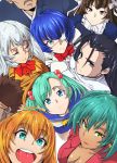  2boys 6+girls aqua_eyes aqua_hair blonde_hair blue_hair breasts brown_hair chouun_shiryuu cleavage earrings eyepatch green_eyes haiboku highres ikkitousen jewelry kakouen_myousai large_breasts long_hair looking_at_viewer multiple_boys multiple_girls red_eyes ryofu_housen ryomou_shimei school_uniform serafuku short_hair skirt ten&#039;i_(ikkitousen) twintails white_hair zhuge_liang 