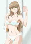  1girl bangs blunt_bangs bra breasts cellphone green_eyes hand_up inside kosokosomaru long_hair looking_at_viewer medium_breasts miyazaki_kyu mole mole_under_mouth navel original panties parted_lips phone self_shot smile solo standing underwear very_long_hair white_bra white_panties 