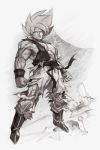  1boy belt boots clenched_hands closed_mouth dragon_ball dragonball_z flying greyscale hankuri male_focus monochrome muscle namek solo son_gokuu super_saiyan thunder torn_clothes 