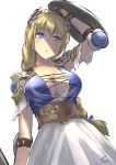 1girl armor blonde_hair blue_eyes braid breasts cleavage highres large_breasts long_hair shield solo sophitia_alexandra soul_calibur sweat tea_(nakenashi)