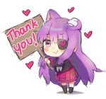  1girl :&gt; bandaid black_legwear chibi closed_mouth commentary copyright_request ear_down english_commentary eyebrows_visible_through_hair eyepatch followers heart holding long_hair long_sleeves looking_at_viewer lowres mochii purple_hair red_skirt sign simple_background skirt smile solo thank_you thigh-highs very_long_hair white_background 
