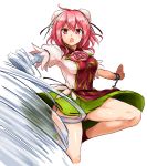  1girl bandage bandaged_arm bare_legs breasts bun_cover cuffs double_bun flower green_skirt hair_between_eyes highres huyusilver ibaraki_kasen looking_at_viewer medium_breasts miniskirt open_mouth outstretched_arms pink_eyes pink_flower pink_hair pink_rose puffy_short_sleeves puffy_sleeves ribbon-trimmed_skirt ribbon_trim rose shirt short_sleeves simple_background skirt solo standing standing_on_one_leg tabard thighs touhou white_background white_shirt 
