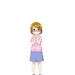  1girl artist_request bangs brown_hair child closed_mouth glasses hood hoodie koizumi_hanayo looking_at_viewer love_live! love_live!_school_idol_festival love_live!_school_idol_project official_art parted_bangs shoes short_hair short_sleeves skirt smile socks solo standing transparent_background violet_eyes white_legwear younger 