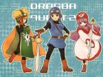  1girl blonde_hair blue_eyes bodysuit breasts closed_mouth commentary_request dragon_quest dragon_quest_ii goggles goggles_on_head goggles_on_headwear hood long_hair prince_of_lorasia prince_of_samantoria princess_of_moonbrook robe short_hair spiky_hair sword weapon white_robe yukaris 