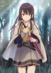  1girl bangs black_hair blue_eyes booota cloak closed_mouth cowboy_shot day forest hair_between_eyes hair_ornament hairclip hitoribocchi_no_isekai_kouryaku holding holding_sword holding_weapon long_hair looking_at_viewer nature outdoors sheath sheathed solo sword weapon 