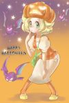  1girl bel_(pokemon) bent_over big_hat blonde_hair breasts commentary_request crobat dress green_eyes halloween hat hououji_arashi open_mouth pokemon pokemon_(game) pokemon_bw short_hair 