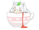  =_= animal_ears blush chibi commentary cup dripping english_commentary facing_viewer in_container in_cup leaf leaf_on_head mochii original parted_lips signature transparent_background triangle_mouth white_hair 
