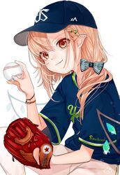  1girl alternate_costume ball baseball baseball_cap baseball_glove blonde_hair blue_hat blue_shirt bow contemporary flandre_scarlet gotoh510 hair_bow hair_ornament hairclip hand_up hat head_tilt holding holding_ball looking_at_viewer medium_hair pants pointy_ears red_eyes shirt short_sleeves simple_background sitting smile solo striped striped_bow touhou white_background white_pants wings 