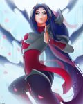  1girl armor ass black_legwear blade blue_eyes blue_hair breasts cowboy_shot drawing half-closed_eyes highres irelia league_of_legends lips looking_at_viewer mcdobo solo weapon 