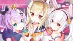  3girls :&lt; :p animal_ears ayanami_(azur_lane) azur_lane bangs bare_shoulders black_ribbon blonde_hair blurry blurry_background capriccio closed_mouth crepe crown depth_of_field double_scoop eyebrows_visible_through_hair food gloves green_eyes hair_between_eyes hair_ornament hair_ribbon hairband head_tilt headgear holding holding_food ice_cream ice_cream_cone jacket javelin_(azur_lane) laffey_(azur_lane) long_hair long_sleeves looking_at_viewer looking_back mini_crown multiple_girls pink_jacket ponytail purple_hair rabbit_ears red_eyes red_hairband ribbon shirt sidelocks silver_hair sleeveless sleeveless_shirt sleeves_past_wrists strap_slip tongue tongue_out twintails white_camisole white_gloves white_shirt 