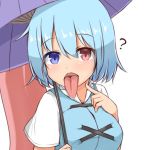  1girl ? aqua_hair aqua_vest blue_eyes breasts commentary_request eyebrows_visible_through_hair finger_to_mouth garasuita heterochromia holding holding_umbrella karakasa_obake large_breasts long_tongue looking_at_viewer open_mouth red_eyes shirt short_hair short_sleeves simple_background solo tatara_kogasa tongue tongue_out touhou umbrella upper_body upper_teeth vest white_background white_shirt 