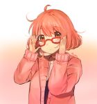  1girl :&lt; adjusting_eyewear closed_mouth coat commentary english_commentary glasses gradient gradient_background hands_up kuriyama_mirai kyoukai_no_kanata long_sleeves looking_at_viewer messy_hair mochii orange_eyes orange_hair pink_background red-framed_eyewear sailor_collar school_uniform serafuku short_hair signature solo upper_body white_sailor_collar 