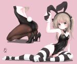  1girl animal_ears arm_support arm_up ass backless_outfit bangs bare_shoulders black_bow black_footwear black_leotard black_neckwear black_ribbon blush bow bowtie breasts brown_eyes brown_hair brown_legwear bunny_tail bunnysuit detached_collar fake_animal_ears fake_tail girls_und_panzer gluteal_fold head_out_of_frame high_heels highres kneeling leaning_to_the_side leotard long_hair looking_at_viewer monochrome_background multiple_views no_shoes not_on_shana pantyhose pink_background rabbit_ears ribbon shimada_arisu side-tie_leotard signature simple_background sitting small_breasts striped striped_legwear tail thigh-highs twintails 