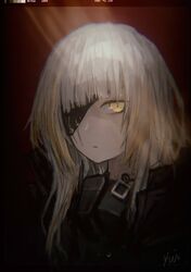  1girl absurdres armor bangs blonde_hair braid dust_particles eyepatch girls_frontline hair_over_shoulder highres jacket light_rays long_hair looking_at_viewer m16a1_(girls_frontline) mole mole_under_eye multicolored_hair portrait scar scar_across_eye sidelocks signature solo spoilers streaked_hair white_hair yellow_eyes yui_(92935941) 