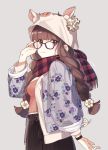  1girl adjusting_eyewear animal_hood bangs blush booota braid breasts brown_hair cardigan closed_mouth commentary_request cover floral_print fringe from_side glasses grey_background hood jacket long_hair looking_at_viewer medium_breasts open_cardigan open_clothes open_jacket original pig_tail plaid plaid_scarf red_scarf scarf simple_background smile solo tail twin_braids upper_body violet_eyes 