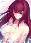  1girl :/ artist_name bangs bare_shoulders blush breasts cleavage closed_eyes collarbone dutch_angle embarrassed eyebrows_visible_through_hair fate/grand_order fate_(series) gradient gradient_background hair_intakes hand_on_own_chest kousaki_rui large_breasts long_hair naked_towel red_eyes redhead scathach_(fate/grand_order) sidelocks skindentation solo sweat towel tsurime upper_body v-shaped_eyebrows very_long_hair water water_drop 