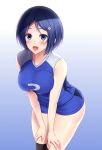  1girl :d bare_shoulders black_legwear blue_background blue_eyes blue_hair blue_shorts blush breasts clothes_writing gradient gradient_background hair_ornament hairclip hands_on_own_thighs huyumitsu large_breasts leaning_forward looking_at_viewer open_mouth original shiny shiny_skin short_hair short_shorts shorts sleeveless smile solo sportswear tareme thigh-highs thighs volleyball_uniform 