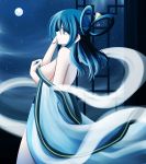  1girl absurdres alternate_costume bare_back bare_shoulders blue_eyes blue_hair breasts commentary_request full_moon hair_ornament hair_rings hair_stick highres hisin japanese_clothes kaku_seiga kimono looking_to_the_side medium_hair moon shawl sideboob solo standing touhou undressing 