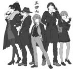  2boys 3girls bag black_gloves braid cellphone cigarette closed_eyes coat dress_shirt earrings executive_mishiro eyewear_removed facial_hair fedora formal full_body fur_collar glasses gloves greyscale hair_over_shoulder hands_in_pockets hat high_heels high_ponytail highres idolmaster idolmaster_cinderella_girls imanishi_(idolmaster) jacket jacket_on_shoulders jewelry loafers long_hair looking_at_viewer monochrome multiple_boys multiple_girls murakami_tomoe necktie nigou open_clothes open_coat open_jacket open_mouth pantyhose pencil_skirt phone ponytail producer_(idolmaster_cinderella_girls_anime) scarf senkawa_chihiro shirt shoes short_hair shoulder_bag simple_background single_braid skirt smartphone smile stubble suit sunglasses translated vest watch watch white_background 