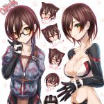  &gt;_&lt; 1girl :&gt; ^_^ android animal_ears bangs black-framed_eyewear black_gloves blush blush_stickers breasts brown_eyes brown_hair cat_ears character_name cleavage closed_eyes closed_mouth collarbone commentary expressions glasses gloves hair_between_eyes hand_up highres looking_at_viewer mechanical_arms medium_breasts multiple_views navel revealing_clothes roboco-san roboco_ch. semi-rimless_eyewear short_hair sidelocks silve smile under-rim_eyewear upper_body virtual_youtuber yellow_eyes 