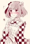  !! /\/\/\ 1girl apron bell blush checkered checkered_kimono clothes_writing eyebrows_visible_through_hair eyelashes frilled_apron frills hair_bell hair_ornament hand_up japanese_clothes jingle_bell kaede_(mmkeyy) kimono long_sleeves monochrome motoori_kosuzu open_mouth red simple_background solo sweat touhou two_side_up undershirt upper_body wide_sleeves 