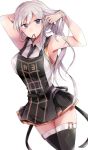  1girl apron armpits azur_lane bangs bare_shoulders between_breasts black_neckwear blush breasts closed_mouth clothes_writing collared_shirt cowboy_shot enterprise_(azur_lane) eyebrows_visible_through_hair eyes_visible_through_hair hair_between_eyes hair_tie hair_tie_in_mouth hand_in_hair hat highres large_breasts long_hair looking_at_viewer mikumo_shinden miniskirt necktie necktie_between_breasts peaked_cap shirt sidelocks silver_hair simple_background skirt sleeveless sleeveless_shirt smile solo thigh-highs thighs tying_hair very_long_hair violet_eyes white_background white_shirt 