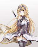  1girl :o armor bare_shoulders blonde_hair blush breasts cleavage commentary cowboy_shot elbow_gloves english_commentary eyebrows_visible_through_hair fate/apocrypha fate_(series) fur_trim gauntlets gloves gorget hand_up headpiece highres jeanne_d&#039;arc_(fate) jeanne_d&#039;arc_(fate)_(all) large_breasts long_hair looking_at_viewer mochii parted_lips solo standing thigh-highs very_long_hair violet_eyes 