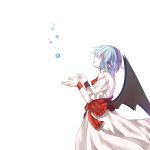  1girl bat_wings black_wings blue_flower blue_hair closed_mouth commentary_request cowboy_shot dress flower frilled_sleeves frills from_side hidden_eyes pointy_ears profile puffy_short_sleeves puffy_sleeves remilia_scarlet short_hair short_sleeves shouzuo solo touhou white_dress wings 