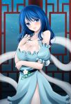  1girl absurdres alternate_hairstyle belt blue_dress blue_eyes blue_hair blush breasts cleavage commentary_request dress hair_down head_tilt highres hisin kaku_seiga large_breasts looking_at_viewer medium_hair shawl short_sleeves side_slit solo touhou vest 