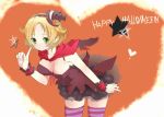  1girl bel_(pokemon) bent_over blonde_hair blush breasts cleavage commentary_request dress english green_eyes halloween hat heart kabasaki lolita_fashion open_mouth pointing pokemon pokemon_(game) pokemon_bw pumpkin short_hair solo star thigh-highs witch 