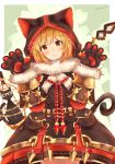 1girl absurdres animal_ears animal_hood bangs birdcage black_capelet black_dress blonde_hair blush brown_eyes cage capelet cat cat_ears cat_girl cat_hood cat_tail closed_mouth commentary_request cosplay cowboy_shot djeeta_(granblue_fantasy) dress eyebrows_visible_through_hair fur-trimmed_capelet fur-trimmed_gloves fur_trim gloves granblue_fantasy hair_between_eyes hands_up head_tilt highres hood hood_up hooded_capelet knights_of_glory kuronekodoushi kuronekodoushi_(cosplay) paw_gloves paws sashima smile solo tail twitter_username 