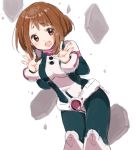  1girl :d belt blush bodysuit boku_no_hero_academia breasts brown_eyes brown_hair commentary cowboy_shot english_commentary eyebrows_visible_through_hair hands_up leaning_forward looking_at_viewer medium_breasts mochii open_mouth short_hair smile solo standing uraraka_ochako 