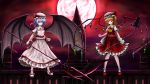  absurdres bat_wings blonde_hair blue_hair clock clock_tower dress eleeam flandre_scarlet floating flying highres holding holding_staff holding_weapon looking_at_viewer moon night night_sky red_dress red_eyes red_moon remilia_scarlet sky staff touhou tower weapon white_dress wings 