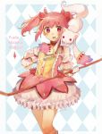  1girl :3 absurdres argyle argyle_background bow bow_(weapon) bubble_skirt commentary copyright_name english_commentary eyebrows_visible_through_hair gloves hair_bow highres holding kaname_madoka kyubey looking_at_viewer magical_girl mahou_shoujo_madoka_magica mochii pink_eyes pink_hair red_bow short_hair signature skirt solo standing twintails weapon white_gloves wide-eyed 