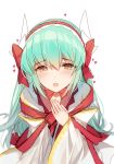  1girl :d bangs bison_cangshu blurry blurry_background blush bow brown_eyes depth_of_field dragon_horns eyebrows_visible_through_hair fate/grand_order fate_(series) fingernails green_hair hair_between_eyes hair_bow hairband heart heart-shaped_pupils horns japanese_clothes kimono kiyohime_(fate/grand_order) leaning_forward long_hair long_sleeves open_mouth red_bow red_hairband simple_background smile solo symbol-shaped_pupils very_long_hair white_background white_kimono wide_sleeves 