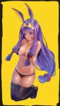  animal_ears arms_behind_back bikini black_legwear blush breasts cleavage facial_mark fate/grand_order fate_(series) highres kneeling large_breasts long_hair looking_at_viewer navel nitocris_(swimsuit_assassin)_(fate) purple_hair rabbit_ears rorona_s. skindentation swimsuit thigh-highs thighs very_long_hair violet_eyes yellow_background 