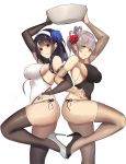  2girls arm_up armpits bangs bare_shoulders black_eyes black_footwear black_legwear black_leotard black_ribbon blue_flower blunt_bangs blush breasts bridal_gauntlets brown_legwear eyebrows_visible_through_hair flower from_side gg-e greyscale hair_flower hair_ornament hair_rings hairband high_heels highres large_breasts leg_up leotard locked_arms long_hair looking_at_viewer looking_to_the_side monochrome multiple_girls original panties parted_lips red_flower ribbon shiny shiny_clothes side-tie_panties sideboob sidelocks silver_hair simple_background skindentation standing standing_on_one_leg thigh-highs underwear white_background white_footwear white_hairband white_leotard yellow_eyes 