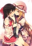  2girls ascot black_hair blonde_hair blush bow brown_eyes cheek-to-cheek commentary_request detached_sleeves eye_contact feet_out_of_frame frilled_shirt_collar frills grabbing hair_bow hair_tubes hakurei_reimu hat hat_ribbon highres long_hair long_sleeves looking_at_another mob_cap multiple_girls nose_blush one_eye_closed open_mouth parted_lips petals petticoat red_bow red_ribbon ribbon sarashi shinoba sidelocks simple_background sitting sitting_on_lap sitting_on_person smile tabard touhou very_long_hair white_background wide_sleeves yakumo_yukari yellow_eyes yellow_neckwear yuri 