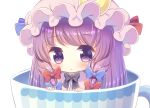  1girl :&lt; black_bow black_neckwear blue_bow bow bowtie chibi closed_mouth crescent crescent_moon_pin cup eyebrows_visible_through_hair eyelashes hair_bow hat in_container in_cup kagome_f long_hair looking_at_viewer low-tied_long_hair mob_cap patchouli_knowledge pink_hat purple_hair red_bow shiny shiny_hair simple_background solo tareme teacup touhou upper_body very_long_hair violet_eyes white_background 