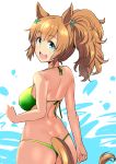  1girl :d arm_at_side ass back bangs bare_arms bare_back bare_shoulders bikini blue_eyes blush breasts cowboy_shot dimples_of_venus eyebrows_visible_through_hair fox_girl fox_tail from_behind green_bikini green_ribbon highres long_hair looking_at_viewer looking_back medium_breasts nekota_susumu open_mouth ponytail ribbon round_teeth shiny shiny_hair smile solo standing starfish_hair_ornament swimsuit taiki_shuttle tail tareme teeth thong two-tone_background umamusume 