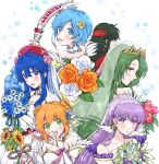  6+girls bare_shoulders blue_eyes blue_hair blush bouquet bow_(weapon) bridal_gauntlets cecilia_(fire_emblem) collarbone double_bun dress falling_petals fire_emblem fire_emblem:_the_binding_blade fire_emblem_heroes frills green_eyes green_hair hair_bun hat headband highres holding holding_bouquet larum_(fire_emblem) lilina_(fire_emblem) long_hair looking_at_viewer looking_back misato_hao multiple_girls official_alternate_costume orange_hair petals purple_hair shanna_(fire_emblem) short_hair simple_background smile sophia_(fire_emblem) sue_(fire_emblem) veil very_long_hair violet_eyes weapon wedding_dress white_background white_dress 