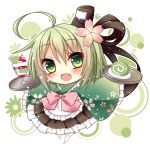  :d ahoge apron bangs black_hat black_ribbon black_skirt blush bow cake cherry cherry_blossom_print chibi eyebrows_visible_through_hair fang flower food frilled_apron frilled_kimono frilled_skirt frilled_sleeves frills fruit ghost_tail green_eyes green_hair green_kimono hair_between_eyes hair_flower hair_ornament hair_ribbon hat himetsuki_luna holding holding_tray japanese_clothes kimono long_hair long_sleeves looking_at_viewer open_mouth parfait pink_bow pink_flower pleated_skirt print_kimono ribbon short_kimono skirt sleeves_past_fingers sleeves_past_wrists smile soga_no_tojiko swiss_roll tate_eboshi touhou tray wa_maid wafer_stick waist_apron white_apron white_background wide_sleeves 