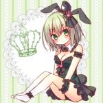  1girl animal_ears ankle_cuffs bangs bare_shoulders barefoot between_legs black_bow black_hat black_leotard blush bow breasts bunny_hair_ornament cleavage closed_mouth collar detached_collar doily eyebrows_visible_through_hair frilled_collar frills ghost_tail green_eyes green_hair hair_between_eyes hair_bow hair_ornament hand_between_legs hat head_tilt highres himetsuki_luna leg_garter leotard long_hair looking_at_viewer medium_breasts rabbit_ears sitting soga_no_tojiko solo strapless strapless_leotard tate_eboshi touhou white_collar 