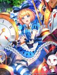  1girl alice_(wonderland) alice_in_wonderland apron black_gloves blonde_hair blue_dress blue_eyes bow breasts card clock commentary day dress eternal_wars eyebrows_visible_through_hair frills gloves hair_bow highres knees_together_feet_apart medium_breasts official_art open_mouth partly_fingerless_gloves petticoat puff_and_slash_sleeves puffy_sleeves rabbit solo_focus striped striped_legwear suspenders sysen thigh-highs waist_apron watermark web_address 