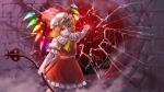  1girl destruction fang fangs flandre_scarlet hand_gesture highres holding holding_staff kawahagi_modoki looking_at_viewer pointy_ears puffy_short_sleeves puffy_sleeves red_eyes short_sleeves staff the_embodiment_of_scarlet_devil touhou wall wings 