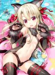  1girl animal_ears black_gloves black_legwear black_leotard blush breasts cat_ears cat_tail commentary_request elbow_gloves eyebrows_visible_through_hair fake_animal_ears fate/grand_order fate/kaleid_liner_prisma_illya fate_(series) fujima_takuya fur_trim gloves hair_between_eyes illyasviel_von_einzbern innertube leotard long_hair looking_at_viewer lying navel on_back open_mouth paw_gloves paws red_eyes revision shiny shiny_hair shiny_skin small_breasts solo tail thigh-highs water white_hair 
