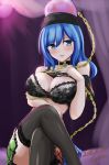  1girl artist_name bare_shoulders black_shirt blue_eyes blue_hair blush bra breasts chains cleavage clothes_writing collar collarbone dark_background dated earth_(ornament) hand_on_own_chest hecatia_lapislazuli highres hisin large_breasts legs_crossed medium_hair moon_(ornament) multicolored multicolored_clothes multicolored_skirt off-shoulder_shirt off_shoulder shirt signature skirt smile standing t-shirt thigh-highs touhou underwear 